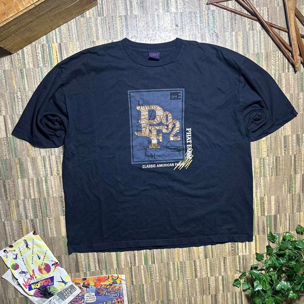Vintage 90s Phat Farm Black Boxy Tee Shirt Mens 2XL Made In USA Box Graphic
